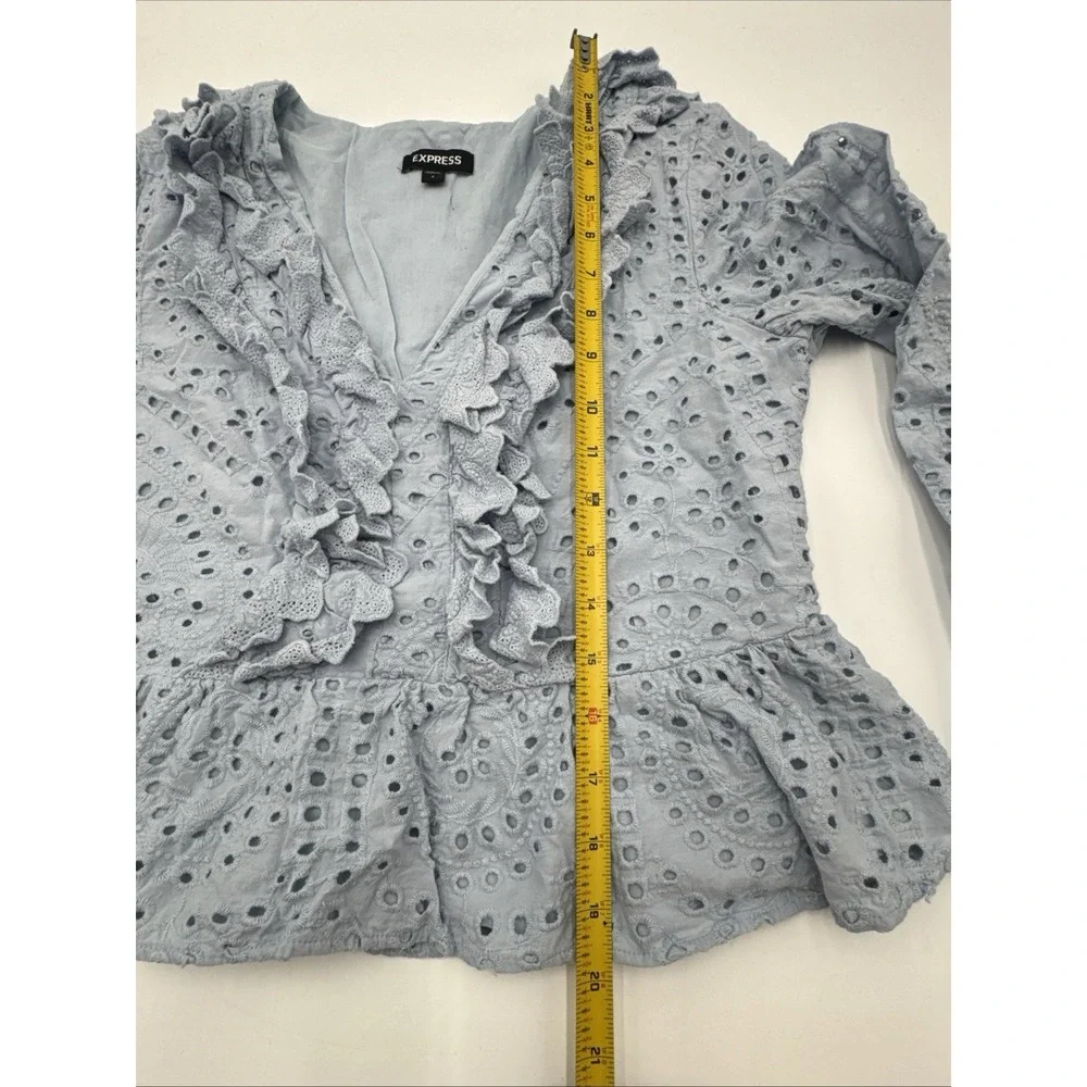 Express Women's Small Light Blue Eyelet Ruffles Peplum V-Neck Long Sleeve Top